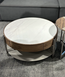 Tavolino da Caffè Moderno Rotondo con Piano <span class=keywords><strong>in</strong></span> Pietra Microcristallina e Combinazione <span class=keywords><strong>in</strong></span> <span class=keywords><strong>Legno</strong></span> per Soggiorno - Product Image 5