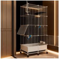 Cage à oiseaux en métal noir et blanc avec base mobile à roulettes, plateau en plastique, design simple, grand espace de jeu, portes latérales, alimentation