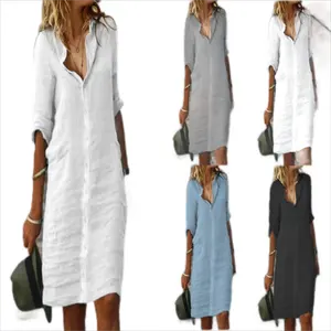 2023 गर्मियों लिनन के कपड़े महिलाओं के लिए ठोस रंग आकस्मिक मध्य आस्तीन कपास लिनन शर्ट पोशाक
