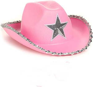 Novelty Wide Brim White Felt Cowgirl <b>Hat</b> With Pink Sequin Star <b>for</b> Women <b>Kids</b> - Product Image 3