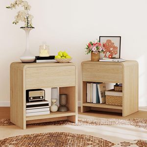 Juego <span class=keywords><strong>de</strong></span> 2 Mesitas <span class=keywords><strong>de</strong></span> <span class=keywords><strong>Noche</strong></span> OEM con Cajón <span class=keywords><strong>de</strong></span> Almacenamiento, Estantes Abiertos y Esquinas Curvas para Dormitorio, Sala <span class=keywords><strong>de</strong></span> Estar, Sofá u Oficina - Product Image 1