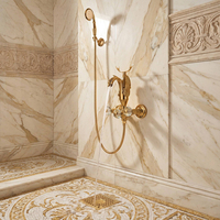 Robinet de baignoire mural STOCCO contemporain doré style cygne français, mitigeur en laiton à double poignée avec douchette à effet pluie, valve en céramique