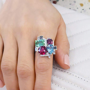 Anello Geometrico Ovale con Zirconi Colorati, Gioiello Creativo Hip Hop a Poligono per Dito Indice, da Abbinare Ogni Giorno per Donne - Product Image 2