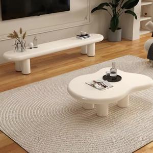 Juego de Mesa de Centro Moderna para el Hogar, Diseño de Mesa de Centro de Fibra de Vidrio Ondulada en Color Blanco Crema para Sala de Estar - Product Image 6