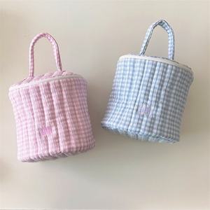 Wholesale Cotton Plaid Printing Cosmetic <b>Bag</b> Portable Travel Makeup <b>Bag</b> <b>for</b> <b>Women</b> 7 Inches Cylinder <b>Bag</b> with Handle - Product Image 1