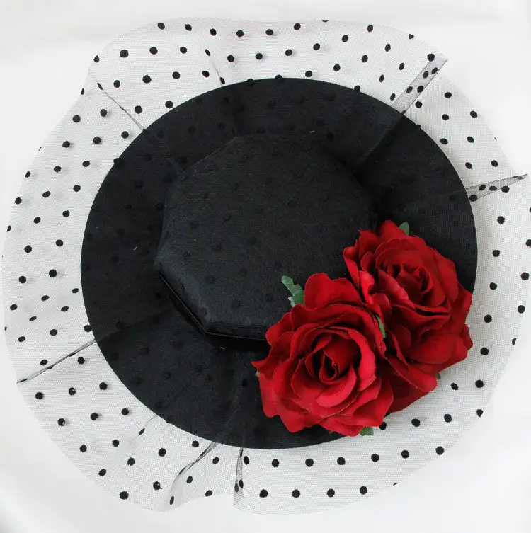 Retro Ribbons Gothic Women Black dot red flower Top Hat With clips Halloween Cosplay Head Wear Accessory