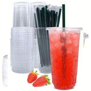Gobelets en plastique réutilisables de 16 oz avec couvercles et pailles, transparents, à paroi simple, pour boissons froides, événements et traiteur, vente en gros - Product Image 2