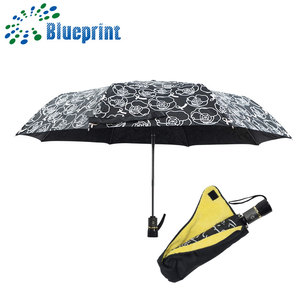 Wholesale Custom Logo Printed Compact Waterproof <strong>Auto</strong> Open and Close Metal Shaft Three Folding Umbrella with Cover - Product Image 1
