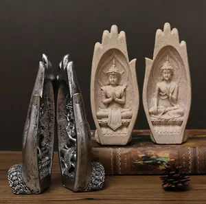 RESINA RELIGIOSOS HINDUS ÁSIA TAILÂNDIA DORMINDO BUDA SENTADO EM GRANDE MÃO BOOKENDS ESTÁTUA ESTATUETA ARTESANATO ESCULTURA de RESINA MODELO