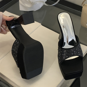 Sandalias de Plataforma con Tacón Grueso y Brillantina, Diseño de Boca de Pez, Color Negro, Impermeables, Moda Verano 2025 - Product Image 4