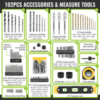 GreatStar perceuse sans fil 20V ensemble de pilotes de perceuse à percussion électrique avec 102 pièces accessoires
