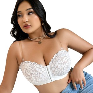 Reggiseno con Chiusura Frontale, Coppa Intera Push-up, Ricamo Floreale in Pizzo, Rete Traforata, <span class=keywords><strong>Senza</strong></span> <span class=keywords><strong>Spalline</strong></span>, Sexy Intimo in Nylon per Donne - Product Image 5