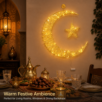 Guirlande lumineuse LED dorée à paillettes en fil de fer, motif lune et étoile, avec boîte à piles, lumière chaude, durable pour usage intérieur, pour Ramadan et Aïd