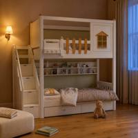 Massivholz Doppelstockbett Multifunktionales Etagenbett mit Hoch-Niedrig-Schutzgeländer Kombinationsbett für Kinder Paralleles Bett-Design