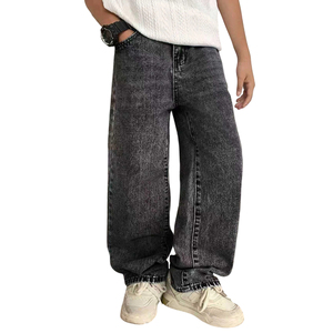 Jeans noirs pour adolescents de style minimaliste, style streetwear, denim ample, pantalon à jambes larges avec poches, vêtements décontractés pour enfants, sur commande - Product Image 4