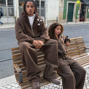 Custom Flat Embroidery Sweatsuits Two Pieces Fleece Tracksuit Set <strong>Oversized</strong> Cotton <strong>Joggers</strong> Flared Sweatpants and Hoodie Set Men - Product Image 1