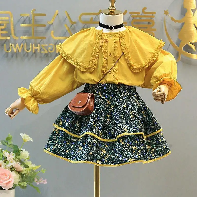 Suit Girl 2021 Autumn Hot Sale Casual Style Cotton Suit Lapel Shirt Flower Skirt Suit Girl Dress