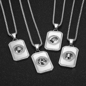Collier pendentif carré en acier inoxydable avec design de football, basketball, rugby, bijoux unisexes hip hop - Product Image 2