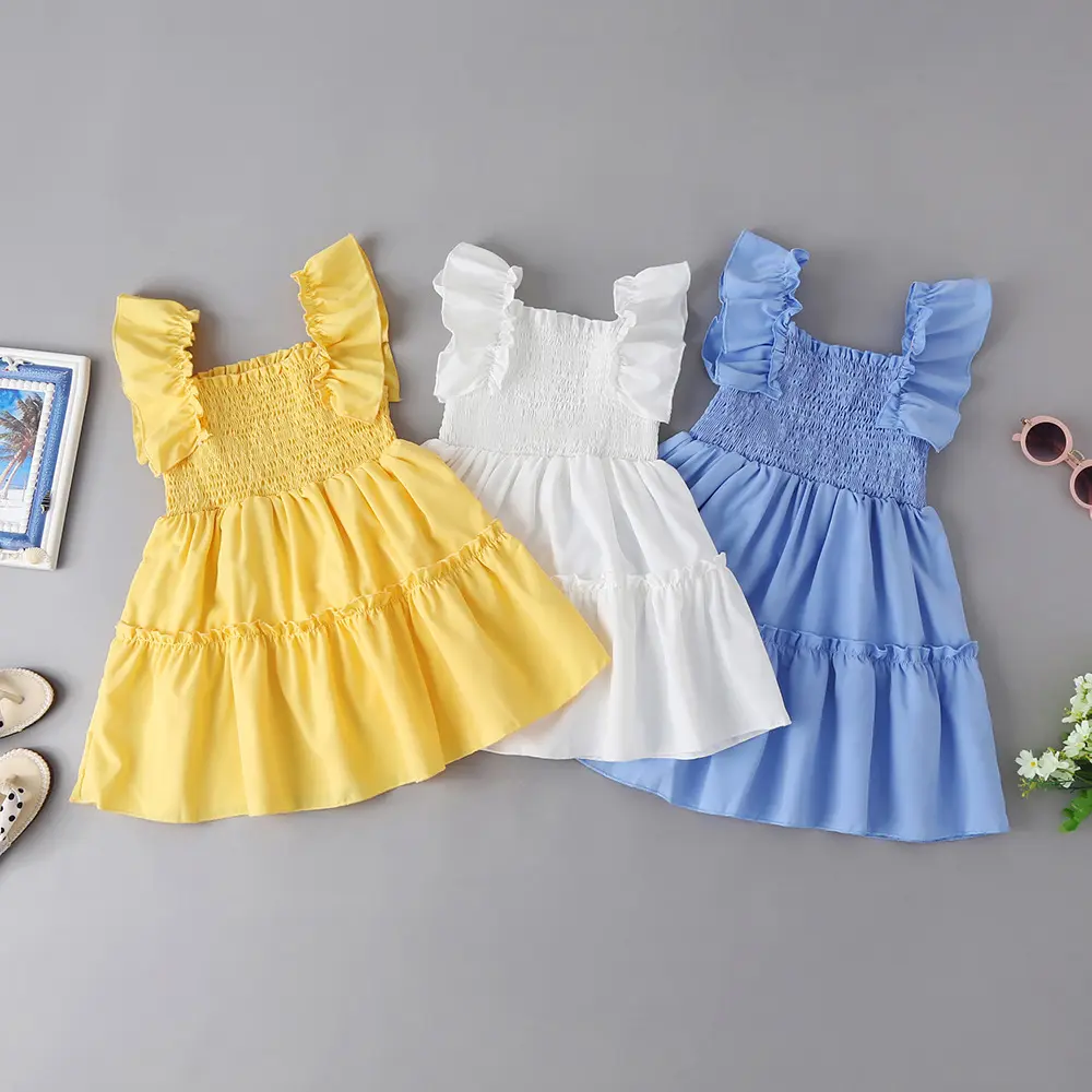 Summer Girls Dresses Toddler Girls Solid Color Sleeveless Pleated Dresses 2-7Y Girls Cotton Dresses