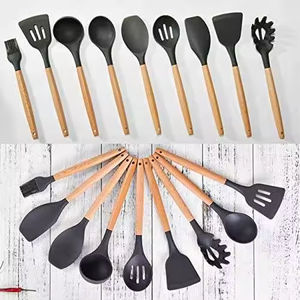 Ensemble d'ustensiles de cuisine en silicone à manches en bois, 11 pièces (spatules, pinces, cuillères), non toxique, faible MOQ, avec support - Product Image 2