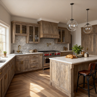 Armoire de cuisine Shaker en bois massif entièrement personnalisée, finition chêne avec vitrine pour projet résidentiel