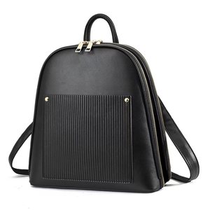 <b>Black</b> Faux <b>Leather</b> <b>Backpack</b> With Ribbed Front Pocket Zipper Closure Shoulder Strap Medium Capacity All Seasons Daily Use - Product Image 1