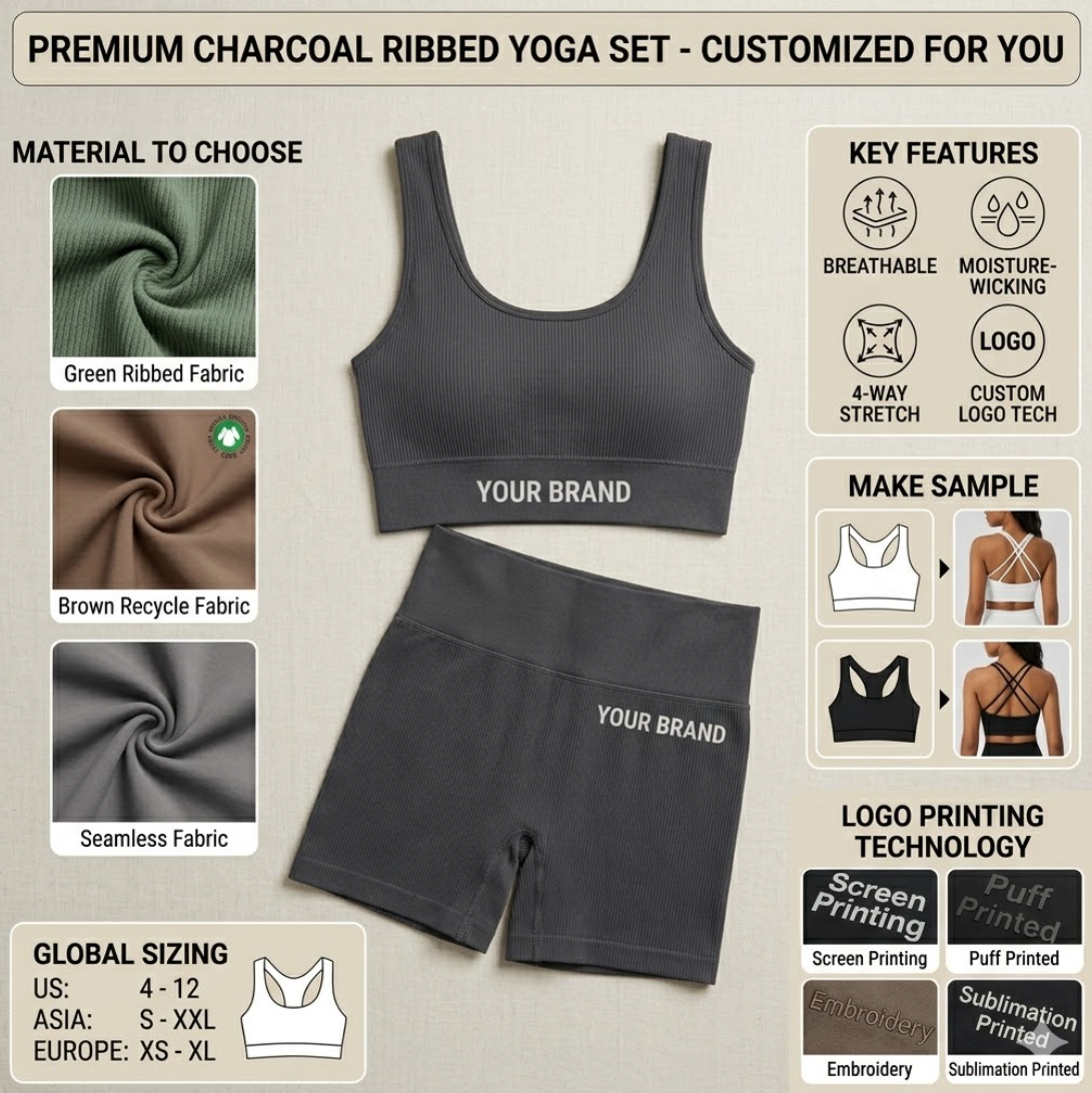 Seamless Ribbed Yoga Set 2 Piece High Waist Shorts Sports Bra Custom Logo Moisture Wicking Workout Clothing