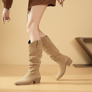 Bottines mi-mollet occidentales pour femmes en daim à bout pointu, talon carré, à enfiler, respirantes, hauteur de talon 5 cm, couleur unie - Product Image 3