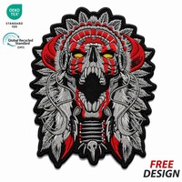 Patch Bordir Besar Motif Tengkorak Kepala Suku Indian Keren untuk Jaket/Vest Biker, Bahan Ramah Lingkungan, Dapat Disetrika