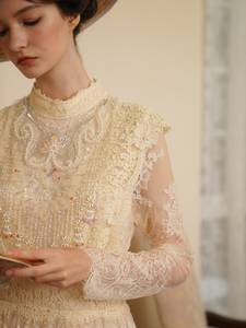 Robe longue à ourlet ample, à col haut, à taille empire, à manches longues, à pois, en dentelle perlée, vintage, faite à la main, antistatique, <span class=keywords><strong>Victoria</strong></span> - Product Image 4