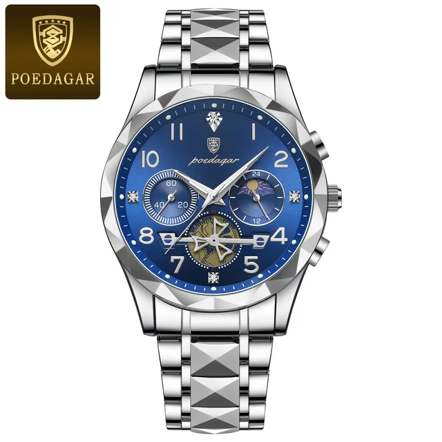 POEDAGAR 972 Waterproof Chronograph Wristwatch Leather Stainless Steel band  Luxury Men's Quartz Watch
