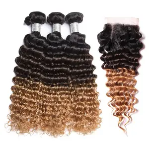12A Grade 1B 4 27 Ombre 3 Tone colored Deep Wave Curl Raw Virgin Cuticle Aligned Hair 2/3 Bundles Deal with Lace Closure