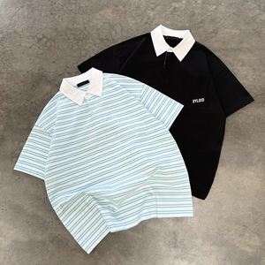 Chemise à manches courtes rayée surdimensionnée confortable et respirante de haute qualité, boutonnée, 100% coton, polos pour hommes - Product Image 1