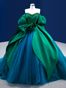 Robe de soirée pour femme RSM222189 à manches courtes, épaules dénudées, col en V, robe de bal en mousseline de soie - Product Image 4