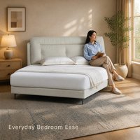 Cadre de lit moderne en bois massif blanc crème élégant, capitonné et rembourré, avec tête de lit cousue pour un lit moelleux, chambre contemporaine
