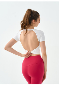 Women Criss Cross Twist <b>Open</b> Back Yoga Crop Top Short Sleeve Slim Stretch Athletic T-Shirt Built in <b>Bra</b> Pilates Workout Shirt - Product Image 4