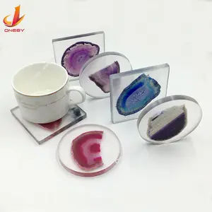 Promosi Coaster Pernikahan Pantai Akrilik Batu Akik Alami Penyerap Pasir Buatan Tangan Tikar Slice Agate Coaster