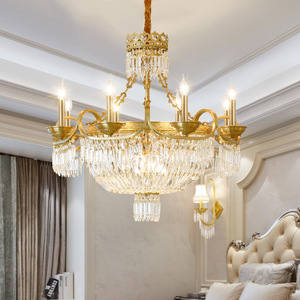 Lustre en cristal finition or, base d'ampoule LED E26, blanc chaud 3500K, hauteur réglable, intensité variable, luminaire suspendu pour salon - Product Image 1