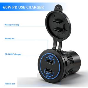 Автомобильное зарядное устройство 60 Вт с быстрой зарядкой, двумя портами USB-C, QC3.0, Type-C, с функцией быстрой зарядки для мотоциклов и автомобилей, 2 разъема USB - Product Image 3