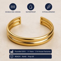 Bracelet jonc ouvert à double dôme en acier inoxydable plaqué or 18 carats, prêt à être expédié, vente en gros, bijoux de mode