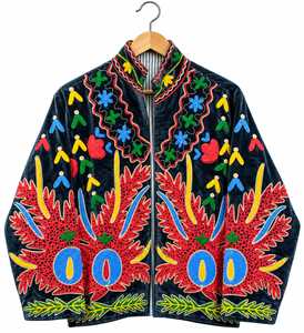 Luxury Navy Blue <b>Velvet</b> Solid Thick Winter Bomber <b>Jacket</b> <b>Women</b> Handmade Bohemian Ethnic Long Sleeve V-neck Breathable Quick Dry - Product Image 2