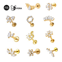 VORA Custom F136 Titane sans filetage, plaqué or 18 carats, styles variés, papillon, étoile, CZ, piercing hélix à poussoir, bijoux