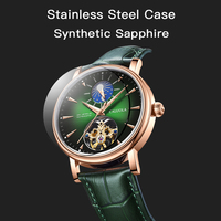 Montre mécanique automatique pour homme avec logo personnalisé OEM, cadran squelette à phase de lune, bracelet en cuir véritable, verre saphir