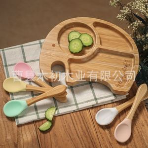 Assiette pour enfants en bois massif, plateau de cuisson fixe en silicone pour la maison, nourriture pour bébé, goûter, assiette à fruits. - Product Image 3