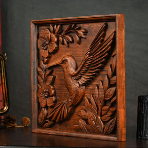 Panel de Arte Mural de Madera Tallado a Mano con Colibrí y Flores, Placa Decorativa Rústica con Relieve Natural, Decoración para el Hogar al por Mayor - Product Image 2