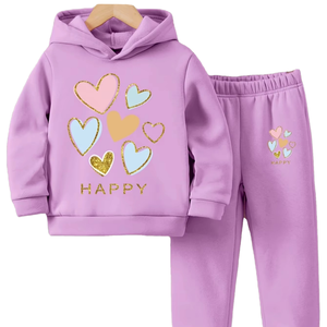 Conjunto de Sudadera con Capucha y Pantalones Deportivos para Niña, Estilo Urbano, Informal, Cómodo, Transpirable, Cálido, con Estampado y Forro, Colores Personalizados, Otoño/Invierno - Product Image 1