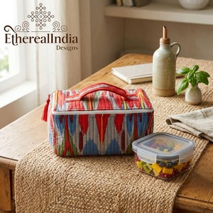 Sac à déjeuner matelassé en Ikat écologique à deux sangles, organiseur alimentaire en coton, étui de transport zippé, sac de rangement pour collations de voyage - Product Image 2