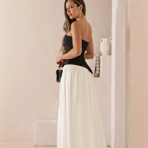 European And American Style Women's Black <b>White</b> Color Blocking Strapless Dress Bodycon <b>Long</b> <b>Skirt</b> Slimming Flowing Casual Wear - Product Image 4