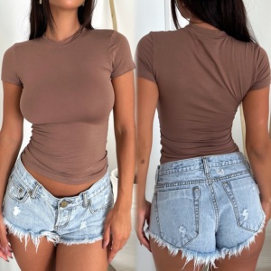 Camiseta Corta de Verano Ajustada y Casual con Cuello Redondo, Personalizada para Chicas, Mujeres y Bebés, Camiseta de Moda de Manga Corta para Mujer - Product Image 3