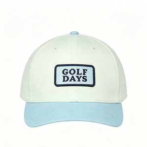 Casquette de baseball personnalisée bicolore blanc cassé et bleu clair à 6 panneaux avec patch tissé logo Golf Days, réglable avec fermeture snapback en plastique, pour le golf et les sports - Product Image 1